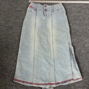 Ecko Red Denim Skirt Womens Size 11 Light Wash Red Stitching Y2K Maxi Side Slit